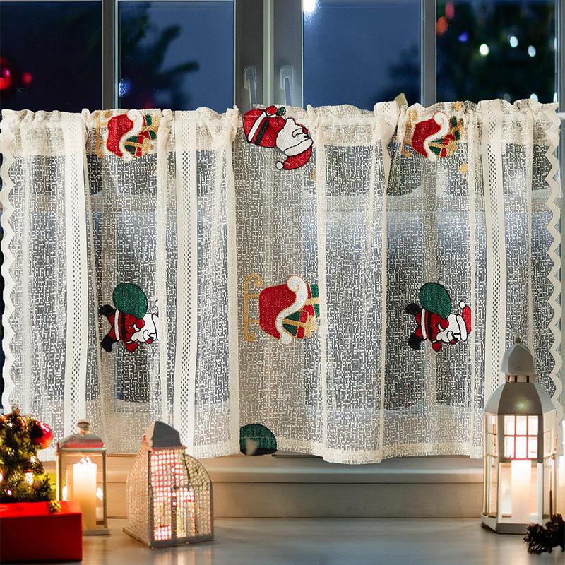 Embroidered Christmas Curtains Bells Embroidered Lace Blackout Rectangles Decorative Coffee Curtains