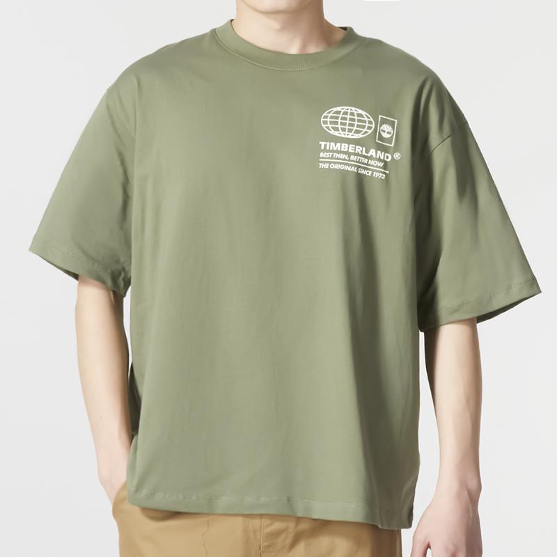 Timberland Back Pattern Letter Print Simple Round Neck Short Sleeve T-Shirt Unisex Tops Cassel-Green A6QHD590