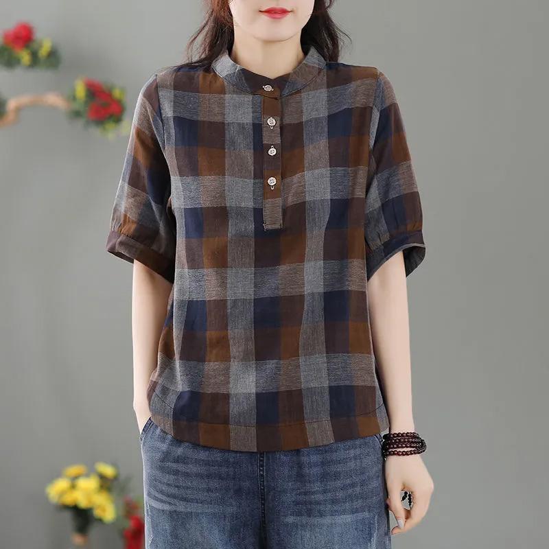 Tops Women Cotton Summer Large Size T-shirt Loose Vintage Plaid Casual Top Casual Pullover T-shirt Top