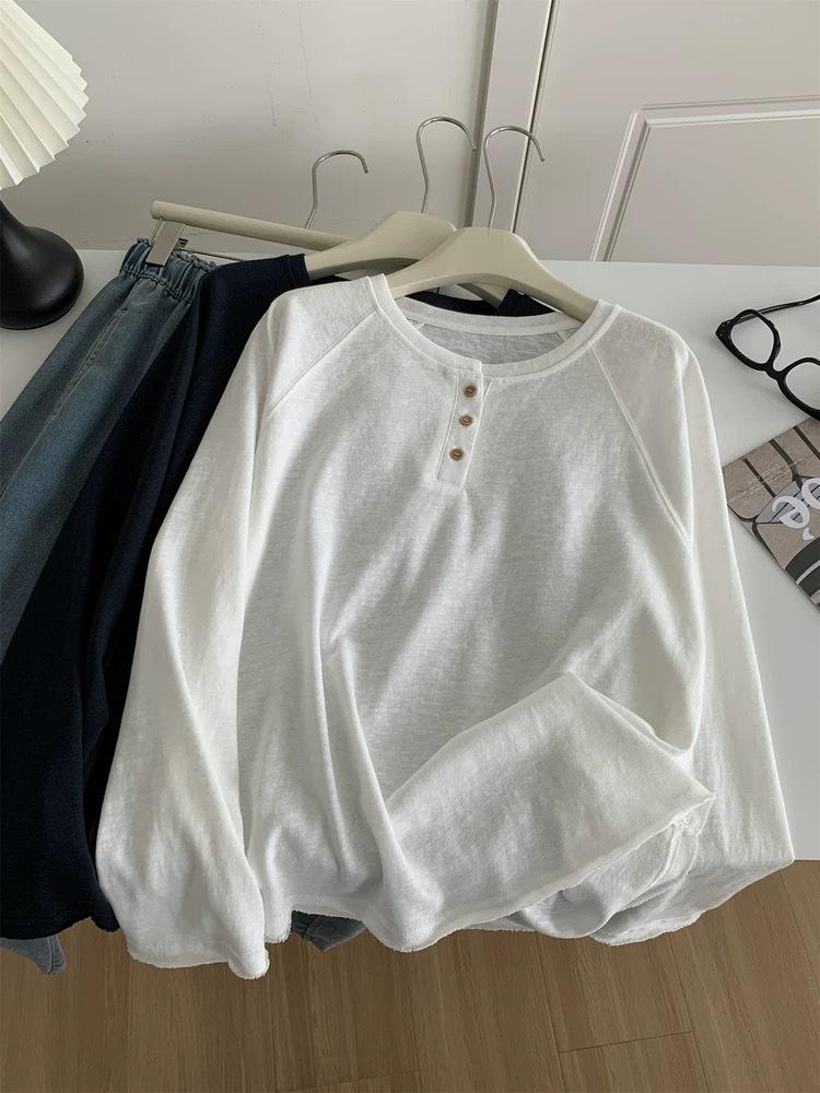 Damen Plus Size Koreanischer Stil Henley-Kragen Langarm Baumwoll-T-Shirt, 240 Jin, Figurschmeichelnder Schnitt, Einfarbige Basis Schicht
