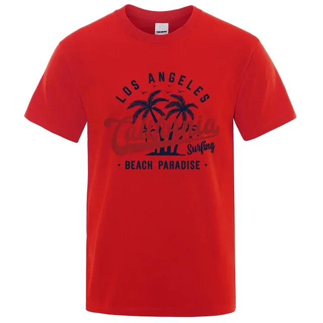 Camiseta de algodão gola redonda maskulina, topy de verão, roupas respiráveis, Los Angeles California Beach Paradise Fashion
