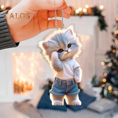 Kot z kreskówki wisząca dekoracja domowa choinka samochodowa lusterko wsteczne 2D płaski akrylowy kotek mężczyzna wiszący ornament zwierzęcy wisiorek