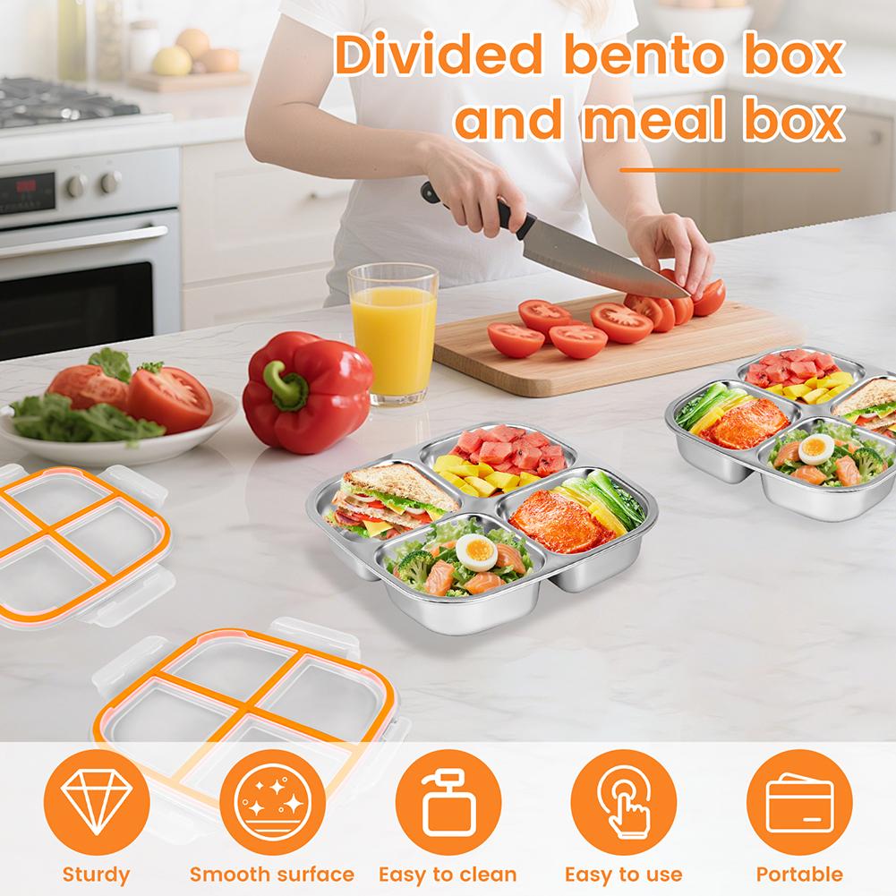 1set Stainless Steel Box With Leak-Proof Covered Four Compartment Refrigerator Storage Box Snack Container Lunch Box For Outdoor