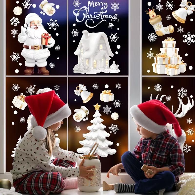 Christmas Window Stickers New White Christmas Snowman Christmas Tree Static Stickers Window Decoration Stickers Flower Stickers