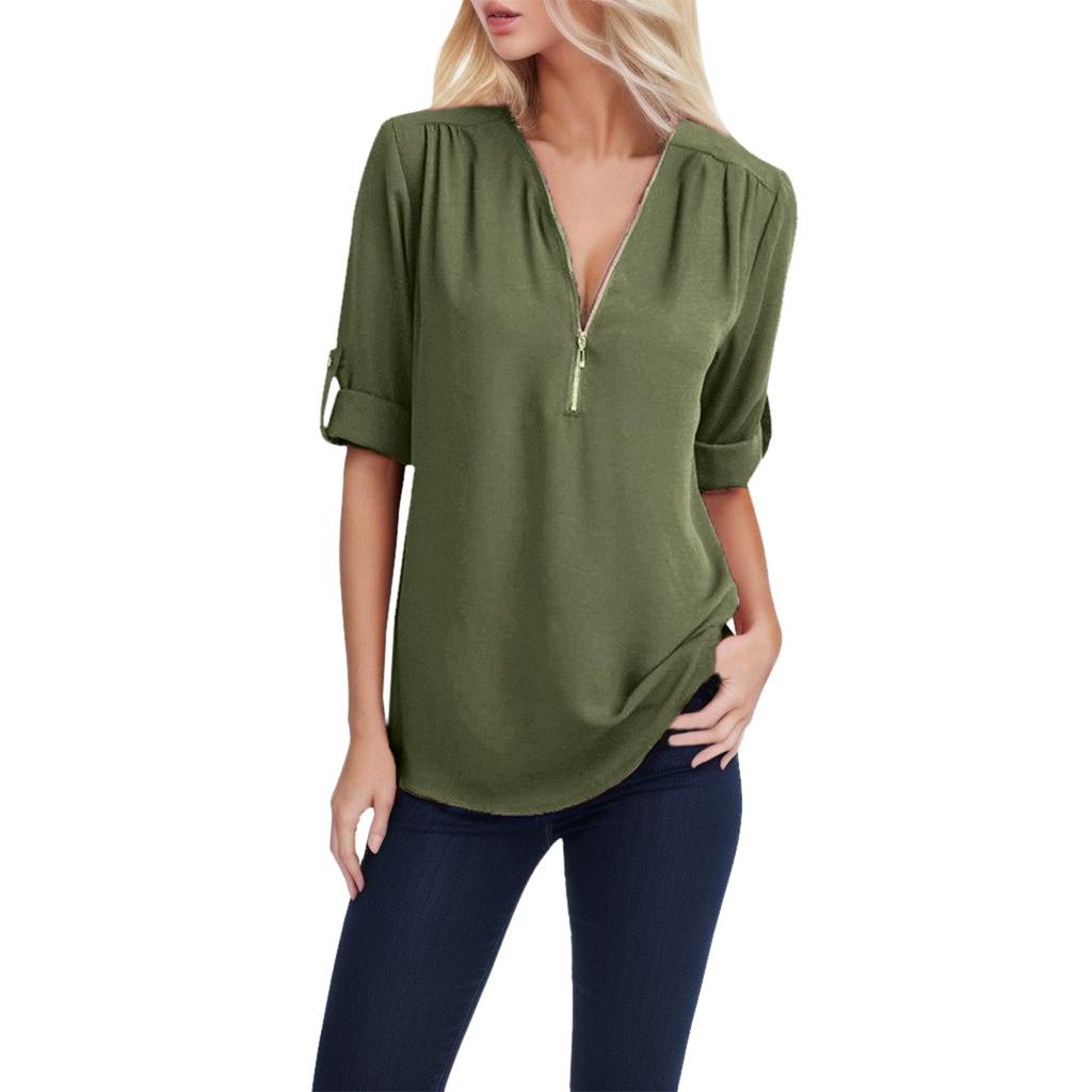 Summer and Autumn Shirt V-neck Zipper Large Size Women's Long Sleeve Can Roll Sleeve Short Sleeve Loose Shirt