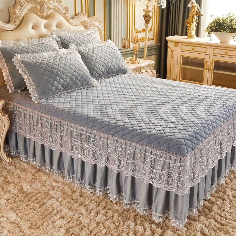 

Роскошный кружевной бархатный пододеяльник с кристаллами, комплект постельного белья King Queen, 3 шт., стеганая юбка с рюшами, эластичные мягкие две наволочки 150*200cm with pillowcase