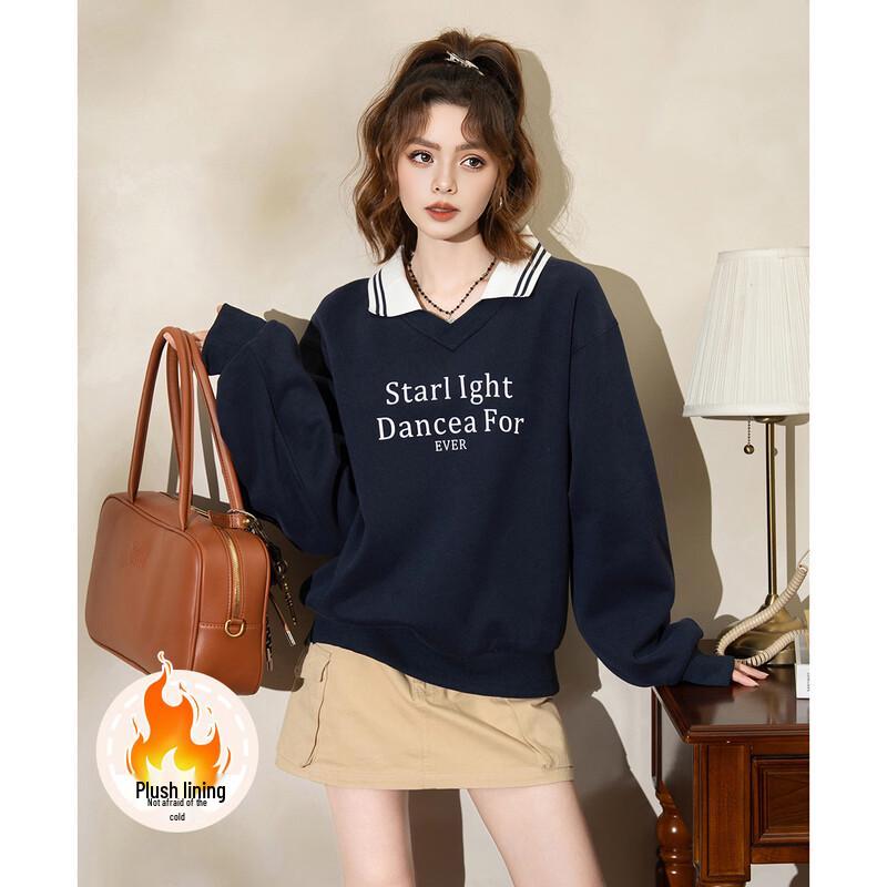 Women s Retro Color-block Fleece Polo Sweatshirt M