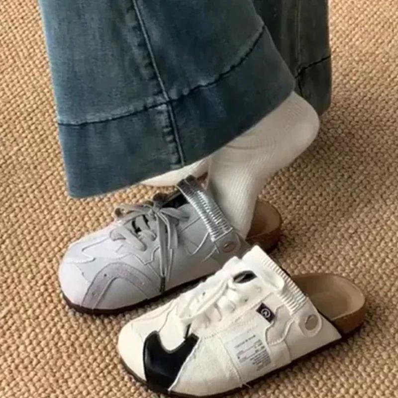 2025 New Lace-up Color-blocked Round-toe Wear-resistant Shoes for Women Summer New Ballet Style Versatile Slippers