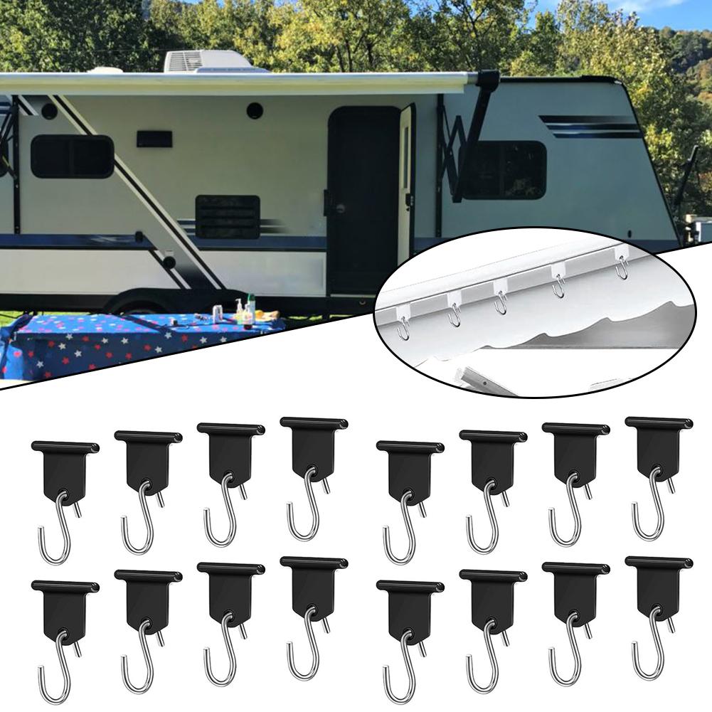 Piping Strip Hooks RV Awning Hooks 16PCS 16x ABS+Metal Black Camping Piping Rail Hook For Camping Tent Reusable