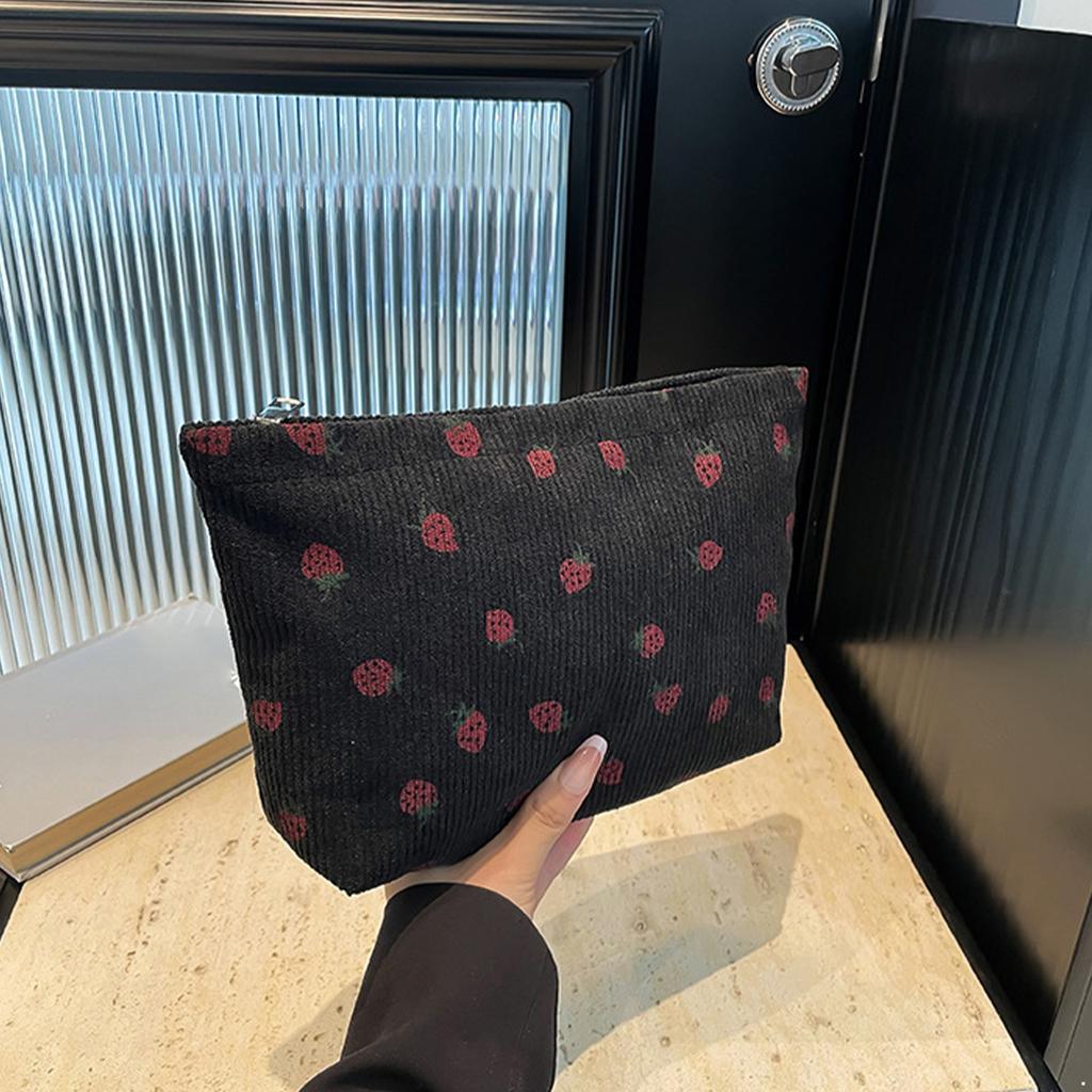 Strawberry Printed Corduroy Cosmetic Bag, Fashionable Toiletry Pouch for Women Travel, Gym, Vacation Organizer with Secure Zipper