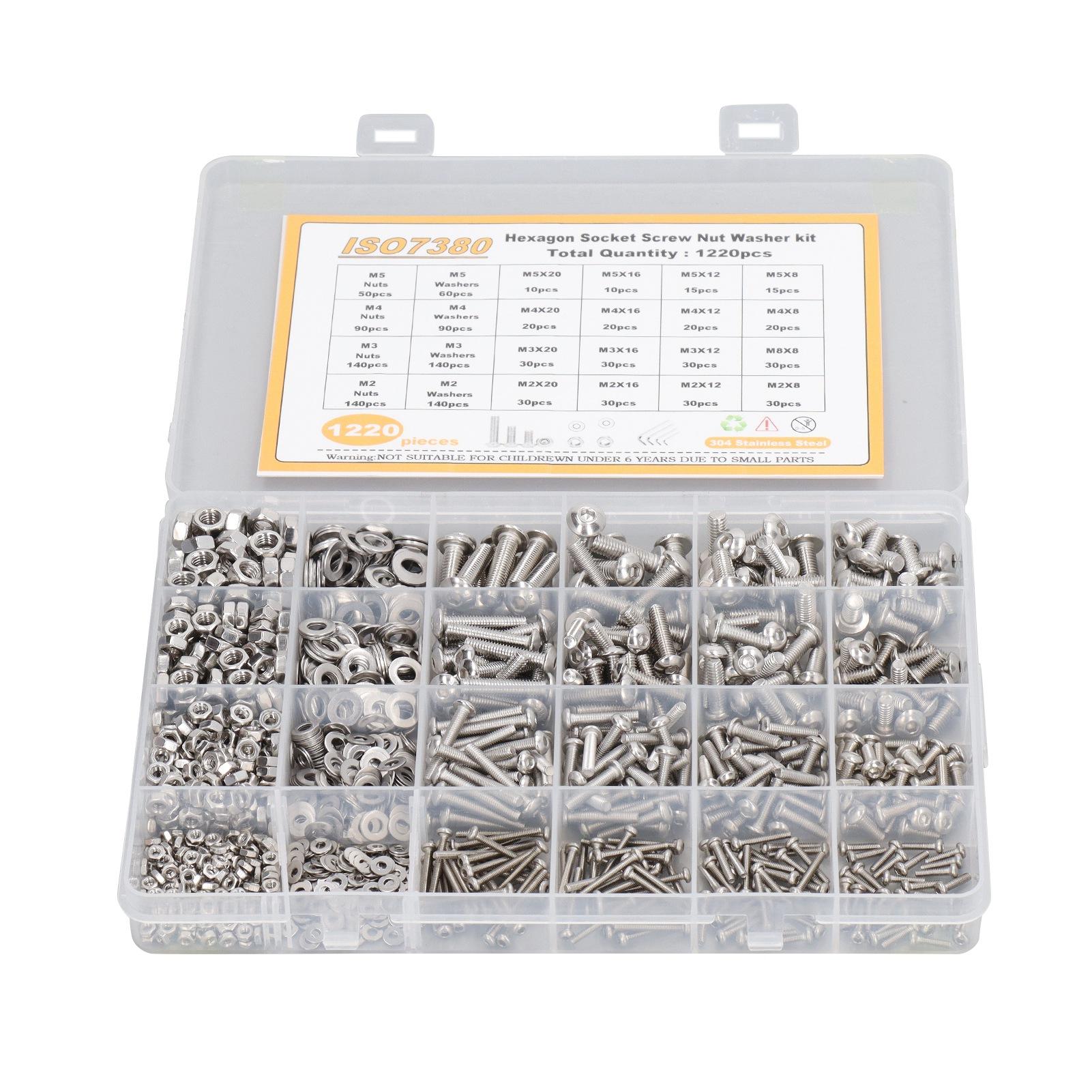 

1220Pcs 304 Stainless Steel Hex Socket Screw Nut Washer Kit Strong Wear Resistance M2 M3 M4 M5