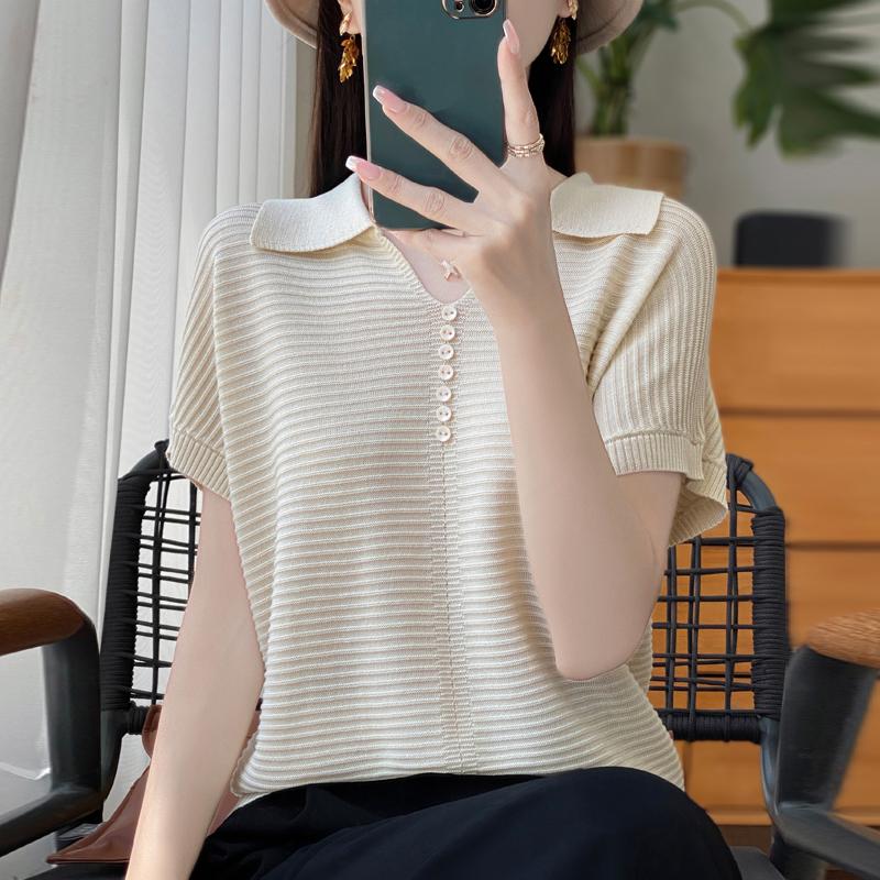 Women Knit T-shirt Summer Knitted Shirt Short Sleeve Tees Turn-down Collar Pullover Knit Tops Female