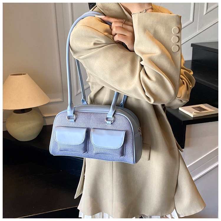 

Super Hot Color Matching Bowling Bag Women s Fashionable Simple Portable Shoulder Niche Commuter Boston 26.5x8.5x16 single package синій