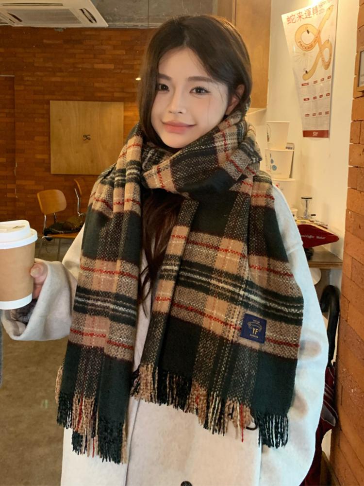 Autumn Winter Plaid Scarf Women Men Retro Black Checkered Warm Fringe Scarf Korean Fashion Soft Thick Shawl For Unisex Lady Male