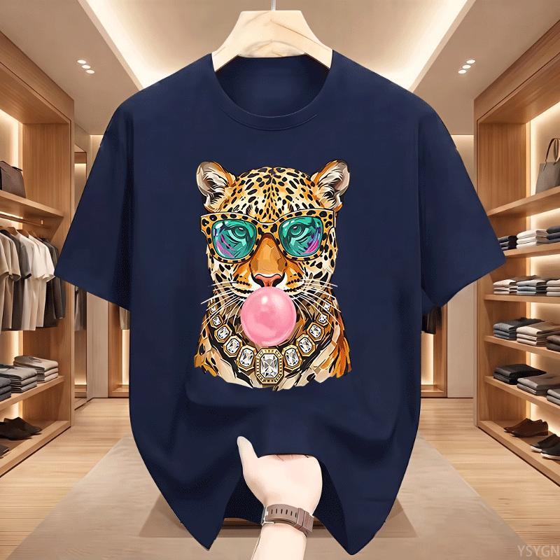 Trendy Leopard Unisex T Shirt Bubblegum Sunglasses Big Cat Graphic T Shirts Retro Animal Printed Tshirt Cotton Short Sleeve Tops