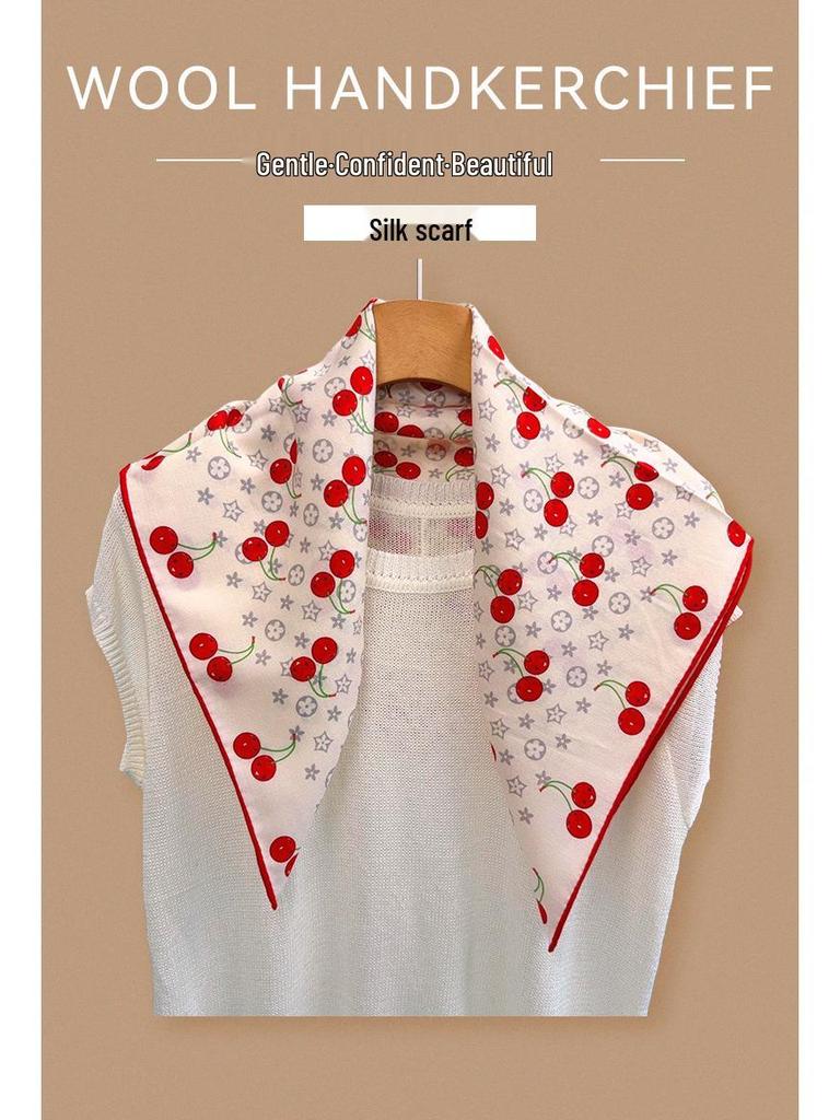 2025 Summer Women's Cherry Mulberry Silk Square Scarf - Elegant Necktie & Neckerchief