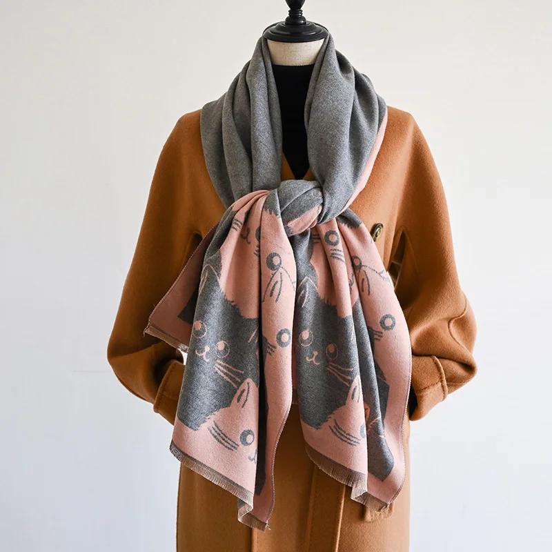 New Fashion Brand Cute Cat Ladies' Jacquard Pashmina Cashmere Scarf Winter Thick Warmth Shawl Coldproof Windproof Blanket Scarf