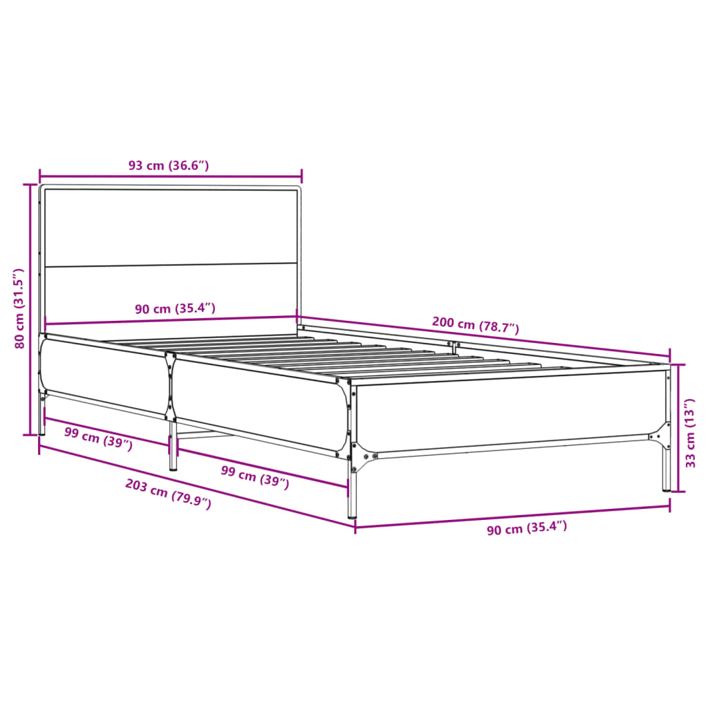 Bed Frame Gray Sonoma 90x200 cm Particleboard and Metal