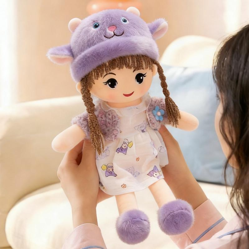 45cm Kawaii Schönes Mädchen Plüschpuppe Kissen Trägt Kleid Lammhut Frauen Mädchen Weiche Person Puppe Heimdeko Geschenk Für Kinder