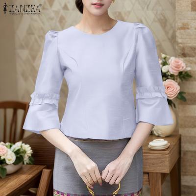 Women Casual Round Neck Solid Color 3/4 Sleeve Loose Blouse