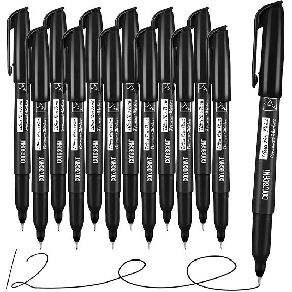 Coruscant Ultra Fine Point Permanent Markers, 12 Pack Extra Fine Tip 0.4 Mm Black Marker, Quick-Drying, Waterproof, Fade-Resistant, Ideal for Home,