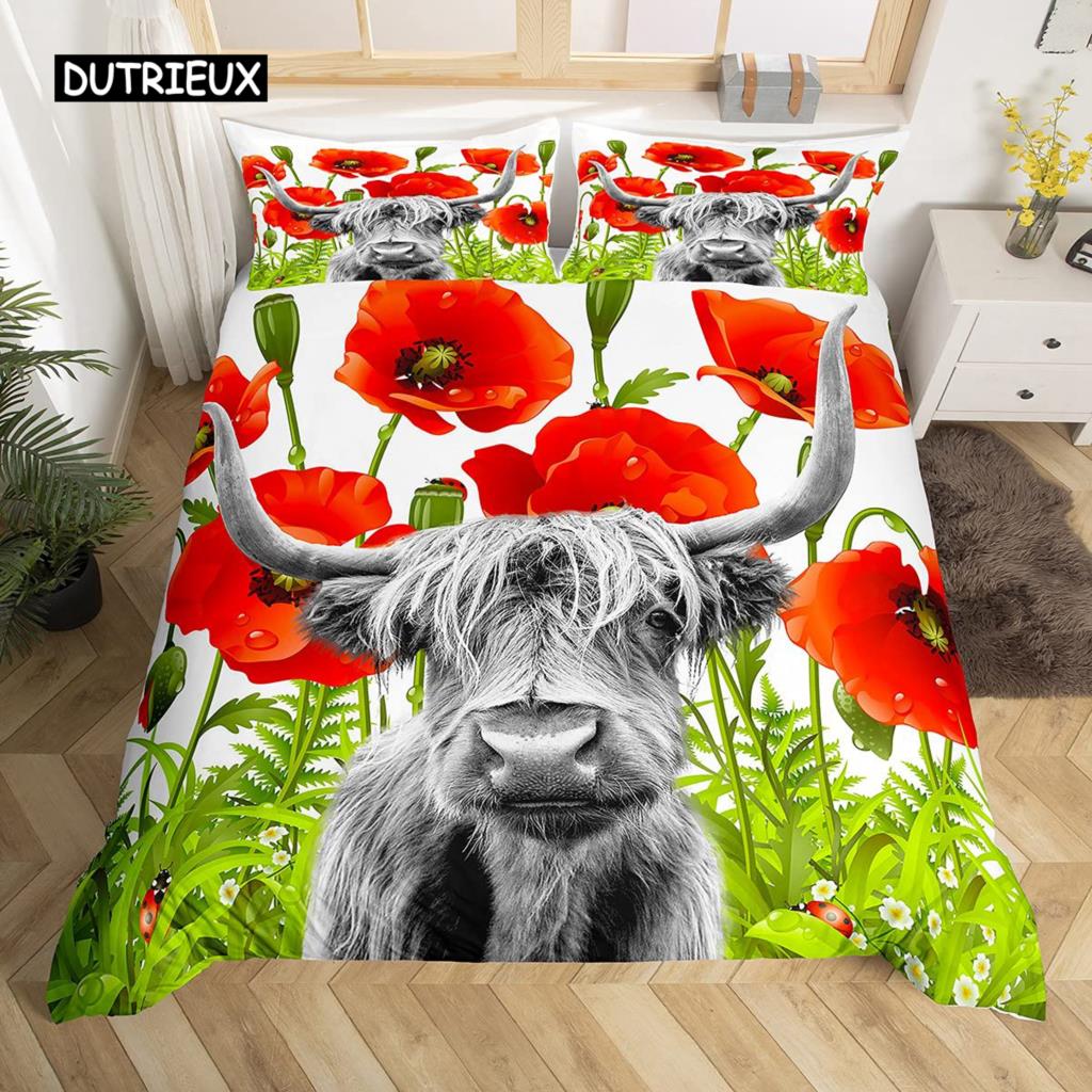 Bettbezug-Set mit Kuh-Motiv, rustikales Vintage-Bettwäsche-Set für Western-Wildtiere, für Kinder und Jungen, Polyester, Steppdeckenbezug, Doppelbett, Queensize-Bett, Kingsize