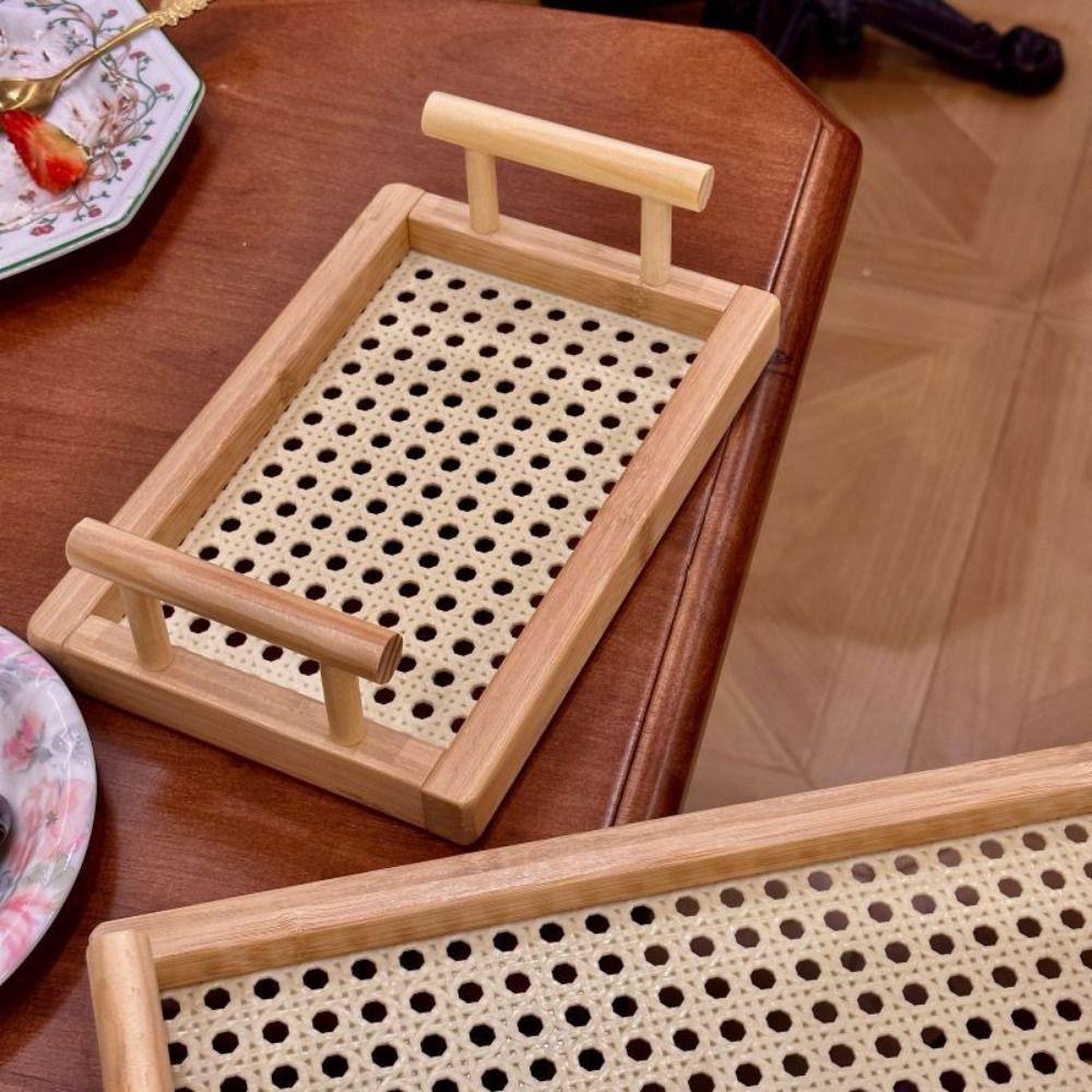 Hollow Serving Tray with Handles Handmade Kitchen Fruit Platter Bamboo Hand-Held Tray  Food