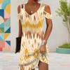 Women Plus Size V Neck Cold Shoulder Abstract Printed Short Sleeve Curved Hem Dress