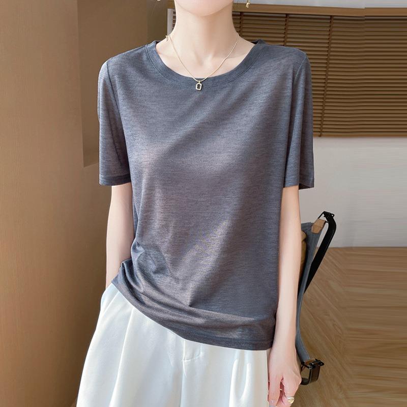 Damen Sommer Neu Lycra Stoff Rundhals Kurz Dünn Weich Hautfreundlich T-Shirt Kurzarm Vielseitige Oberteile