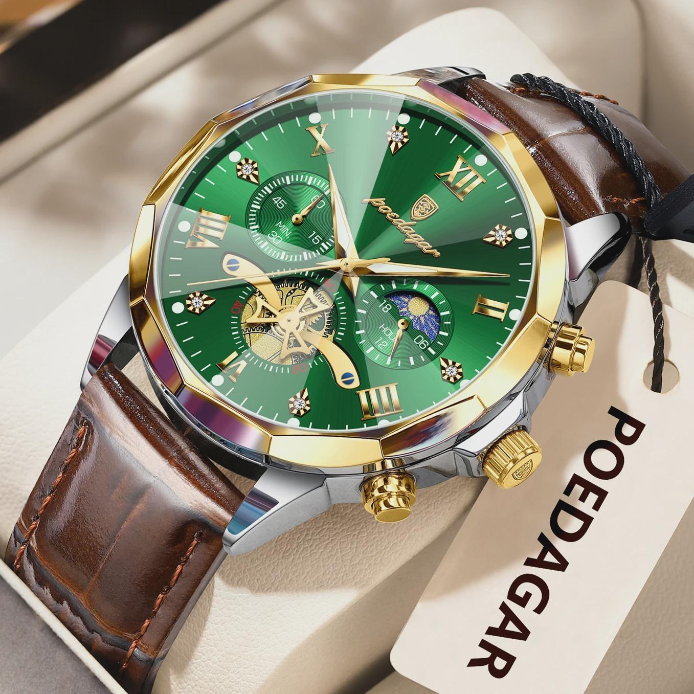 

POEDAGAR Luxury Fashion Men Watch Waterproof Luminous Chronograph Sport Watches For Man Leather Quartz Business Men s Wristwatch зелений/золотий