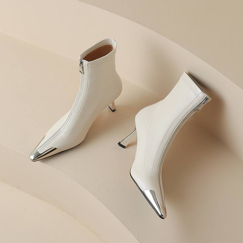 Krazing Pot Microfiber Basic Design Winter Pointed Toe Metal Thin High Heels Modern Boots Women Ankle Boots