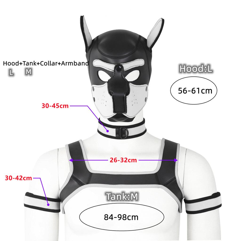 XL Large Size Cucciolo Cosplay Neoprene Fetish Hood Maschera Kit con fascia toracica Collare Fascia da braccio Costumi sessuali per BDSM Ruolo schiavo