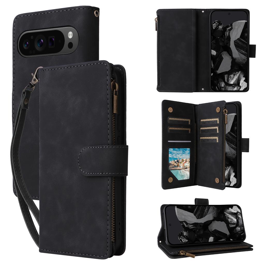 For Google Pixel 10 Pro XL/9 Pro XL Case Zipper Wallet Multiple Card Slots Leather Phone Cover with Wrist Strap
