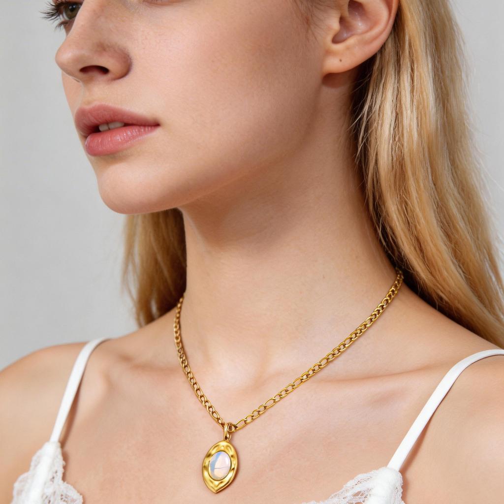 Vintage Oval Gemstone Pendant Necklace for Women, Nature Malachite Opal Stone Stainless Steel Figaro Chain Waterproof Jewelry