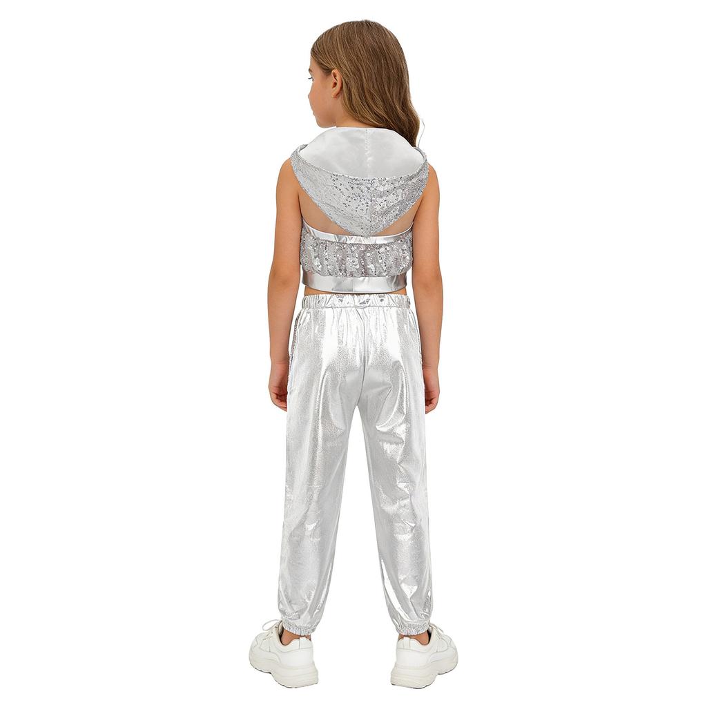 Mädchen Glitzernde Pailletten Reißverschluss Vorne Crop Top Elastische Taille Hose Hip Hop Jazz Tanz Set