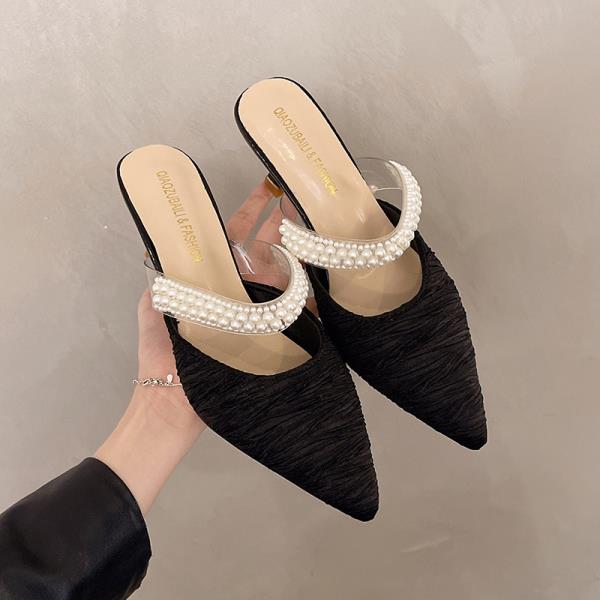 Fashion Square heel Shoes Woman 2025 Female Slippers Loafers Luxury Slides Med Thin Heels Jelly Flip Flops Cover Toe Block New Designer
