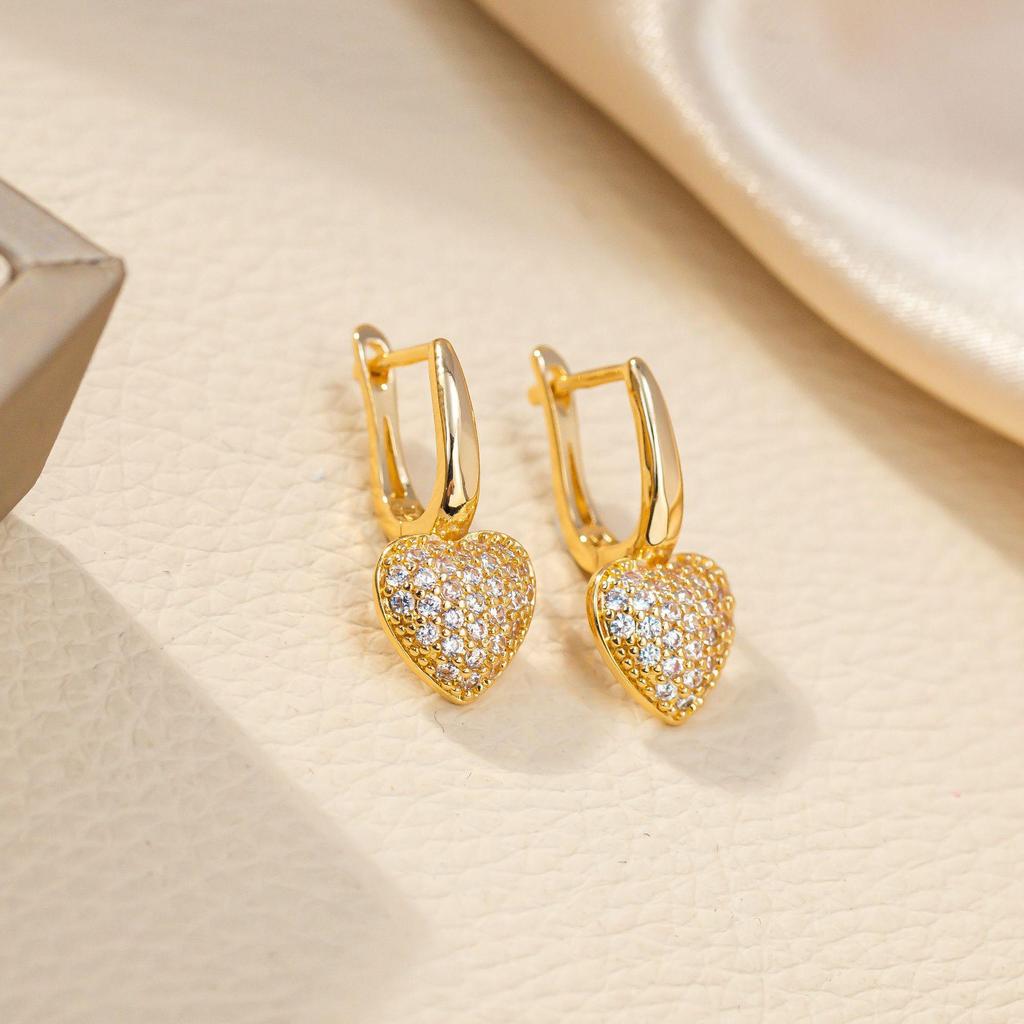 Gold-Plated Inlaid Heart Earrings: Elegant French Retro Studs for Women
