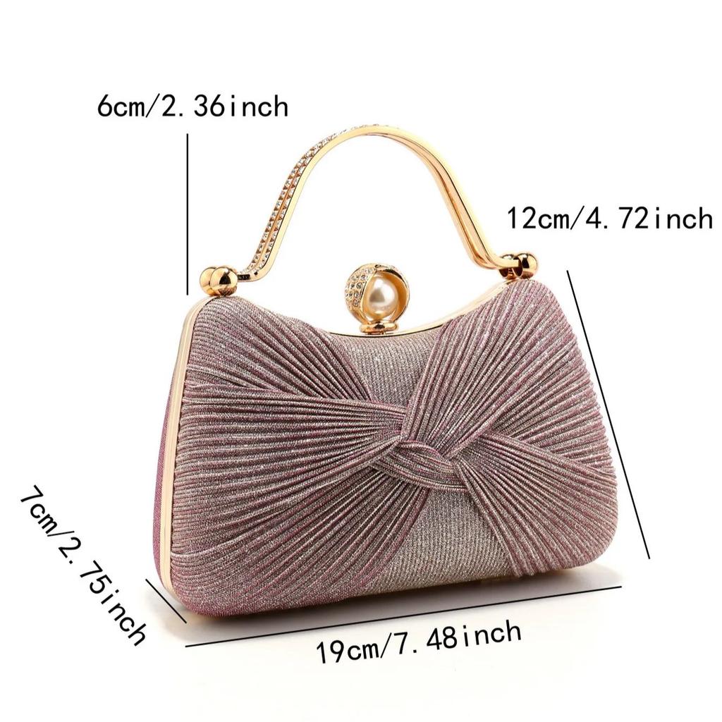 Bow Design Ruched Fashion Women Evening Bags Pink Color Sequined Glitter Metal Pearl Handbags Banquet Lady Wedding Bridal Purse