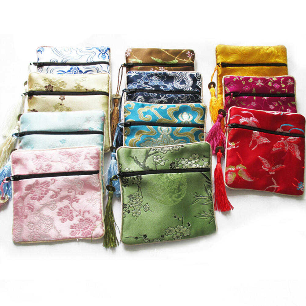 10Pcs Mix Colors Chinese Zipper Coin Tassel Silk Square Jewelry Bags Pouches