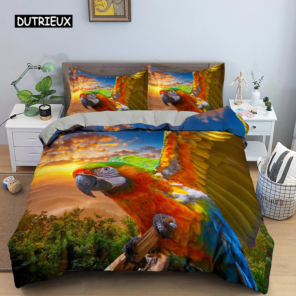 3D Parrot Duvet Cover Set Microfiber Bedding with Pillowcase King Queen Twin Luxury Animal Print Quilt Cover