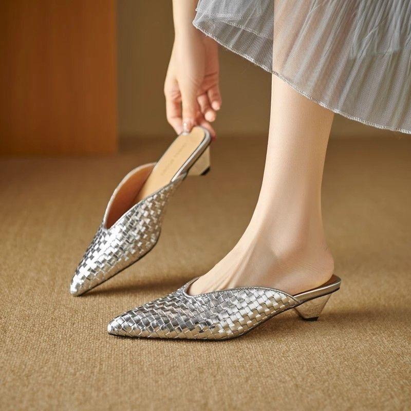 Shoes for Women Gold Slides with Heel Woman Mules Slippers Pointed Toe Shoe Original Elegant and Fashionable Low Price Sandals