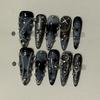 10Pcs Black Glossy Long Almond False Nails With 3D Silver Rose Design Romantic Reusable Nail Art Stickers