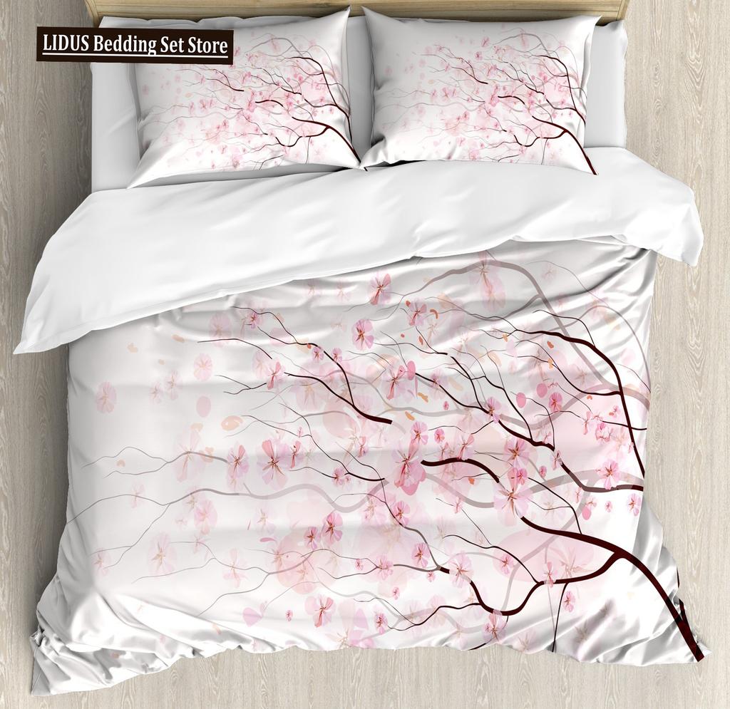 Japanese Duvet Cover Set,Branch Of A Flourishing Sakura Tree Flower Cherry Blossoms Spring Theme Art Japan Bedding Set Full Size