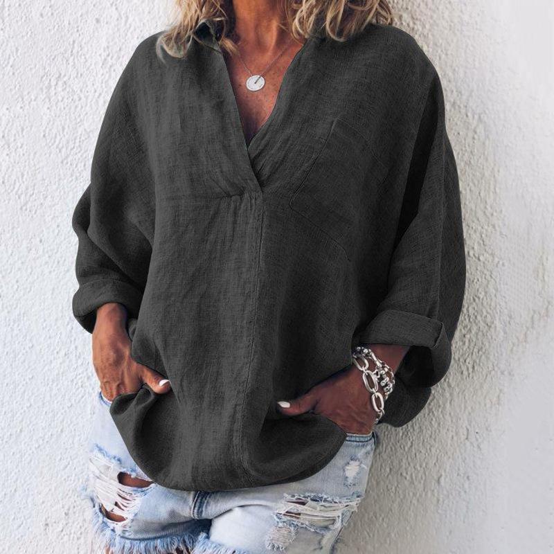 Women's Fashion Casual Cotton Linen V-Neck Long Sleeve Pullover Top
