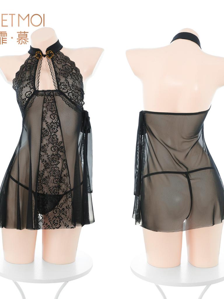 Sexy Lace New Chinese Style Cheongsam Nightdress Side See-through Slit Exposed Buttocks Dress Elegant Fashion Sexy Women P12Q