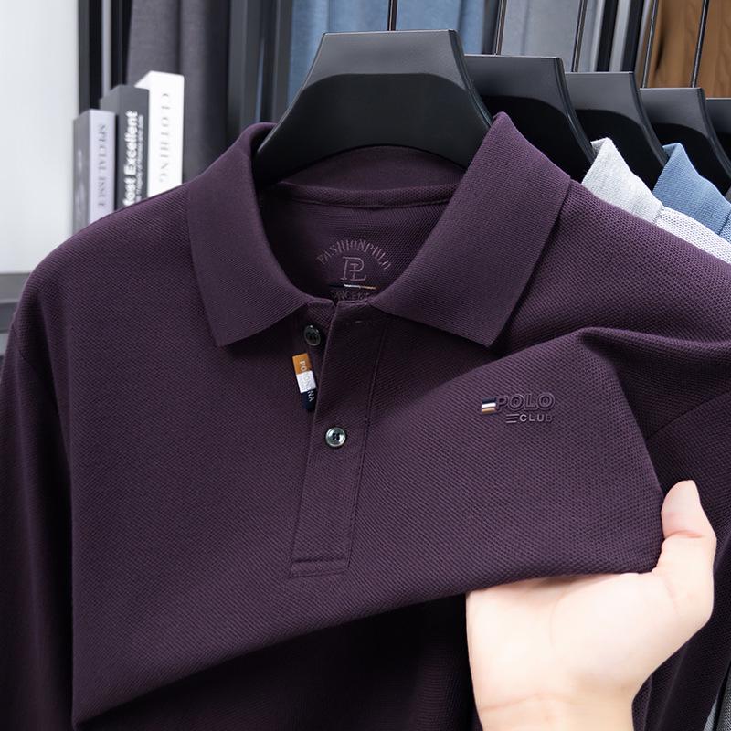Men's Autumn Turn-Down Collar Long Sleeve Polo Shirt - Solid Color Embroidered & Loose Fit