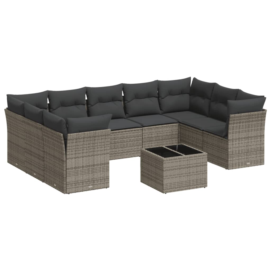 10-teiliges Gartensofa-Set mit Kissen Graues Poly-Rattan
