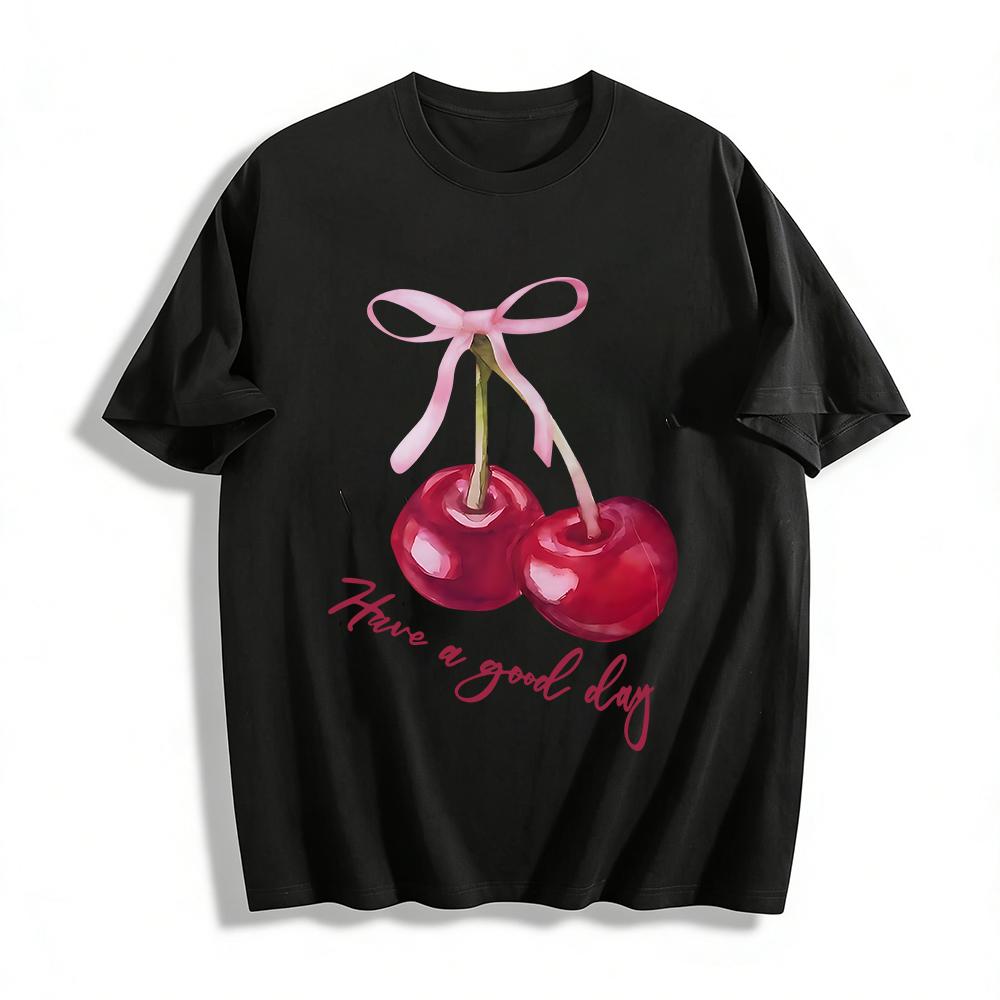 Sweet Cherry Bow Print Casual Top Women s Daily Simple Comfortable Breathable Crewneck T-Shirt Pure cotton T-shirt XXS