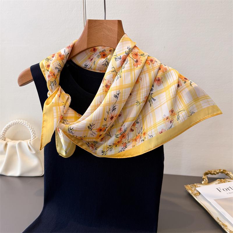 Luxury plaid faux silk printed small square scarf shawl neck scarf high-end neck wrap headscarf for women
