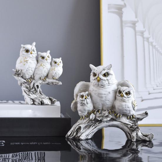 Owl Family Resin Figurines, Rustic Tree Branch Animal Statues, American Country Home Decor for Living Room TV Stand Bookshelf Bedroom, Unique